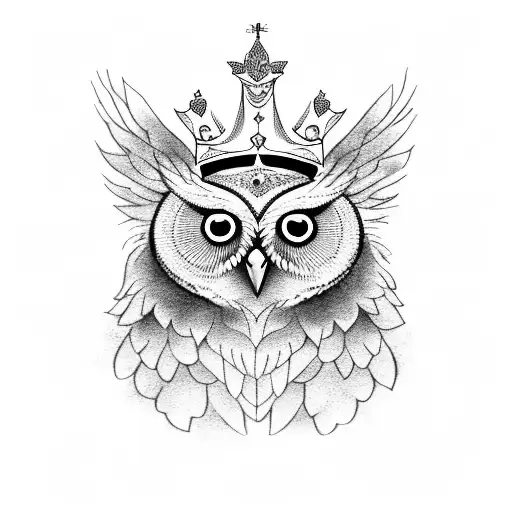 A wise owl perched on a branch, wearing a crown with a boss babe quote incorporated, symbolizing the client's favorite things and empowering mindset tattoo design idea