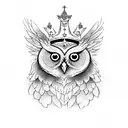 A wise owl perched on a branch, wearing a crown with a boss babe quote incorporated, symbolizing the client's favorite things and empowering mindset tattoo design idea