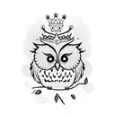 A wise owl perched on a branch, wearing a crown with a boss babe quote incorporated, symbolizing the client's favorite things and empowering mindset tattoo design idea