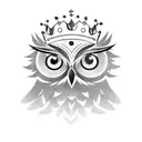 A wise owl perched on a branch, wearing a crown with a boss babe quote incorporated, symbolizing the client's favorite things and empowering mindset tattoo design idea