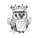 A wise owl perched on a branch, wearing a crown with a boss babe quote incorporated, symbolizing the client's favorite things and empowering mindset tattoo design idea