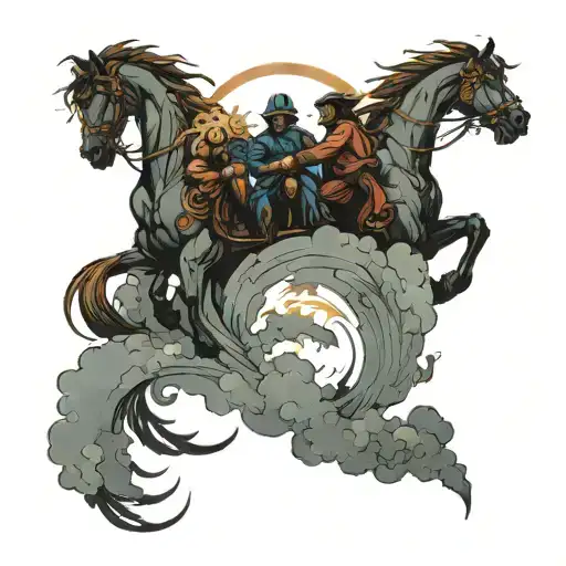  tattoo, back opening in the sky with the four horsemen descending from it,  behind them and into the clouds the city of tattoo design idea