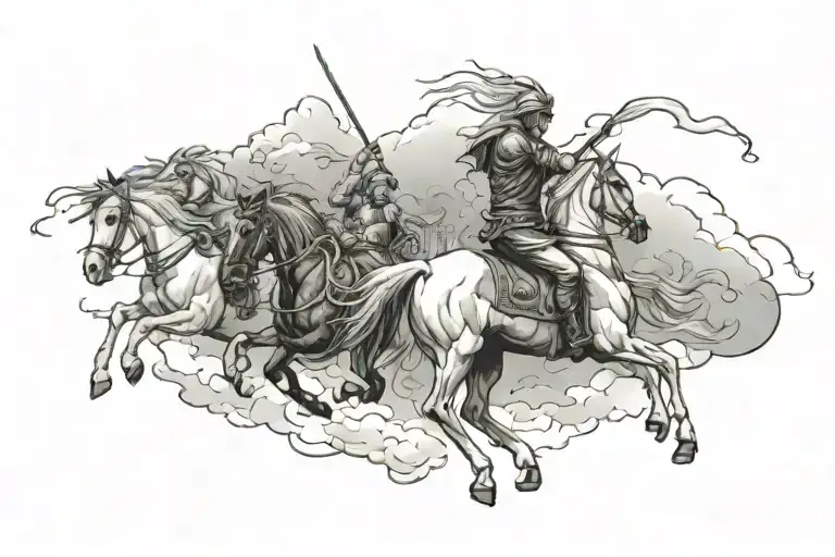  tattoo, back opening in the sky with the four horsemen descending from it,  behind them and into the clouds the city of tattoo design idea