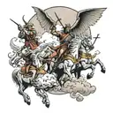  tattoo, back opening in the sky with the four horsemen descending from it,  behind them and into the clouds the city of tattoo design idea