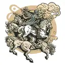  tattoo, back opening in the sky with the four horsemen descending from it,  behind them and into the clouds the city of tattoo design idea