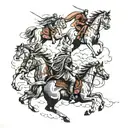  tattoo, back opening in the sky with the four horsemen descending from it,  behind them and into the clouds the city of tattoo design idea