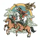  tattoo, back opening in the sky with the four horsemen descending from it,  behind them and into the clouds the city of tattoo design idea