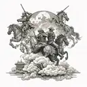  tattoo, back opening in the sky with the four horsemen descending from it,  behind them and into the clouds the city of tattoo design idea