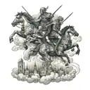  tattoo, back opening in the sky with the four horsemen descending from it,  behind them and into the clouds the city of tattoo design idea