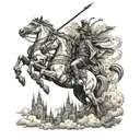  tattoo, back opening in the sky with the four horsemen descending from it,  behind them and into the clouds the city of tattoo design idea