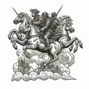  tattoo, back opening in the sky with the four horsemen descending from it,  behind them and into the clouds the city of tattoo design idea