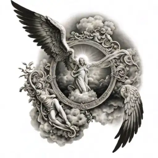 a path to heaven surrounded by Greek angels with an eye at the end all surrounded by clouds and on the forearm tattoo design idea