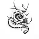 sword, a snake wrapped around its tongue and roses full of thorns in the background tattoo design idea