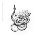 sword, a snake wrapped around its tongue and roses full of thorns in the background tattoo design idea