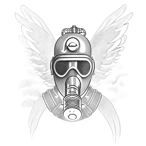 an angel with mechanical metal wings wearing a gas mask falling from the sky tattoo design idea