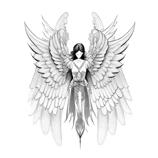 angel with mechanical wings made of blades falling from the sky tattoo design idea