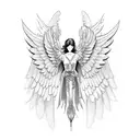 angel with mechanical wings made of blades falling from the sky tattoo design idea