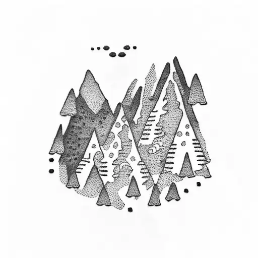 A dotwork tattoo of a mountain landscape with three little birds soaring above, incorporating Roman numeral 3 as part of the scenery, with subtle polka dots throughout tattoo design idea