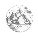 A dotwork tattoo of a mountain landscape with three little birds soaring above, incorporating Roman numeral 3 as part of the scenery, with subtle polka dots throughout tattoo design idea