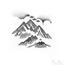 A dotwork tattoo of a mountain landscape with three little birds soaring above, incorporating Roman numeral 3 as part of the scenery, with subtle polka dots throughout tattoo design idea