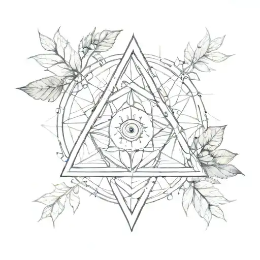 Illuminati inspired geometric pattern with nature motifs tattoo design idea