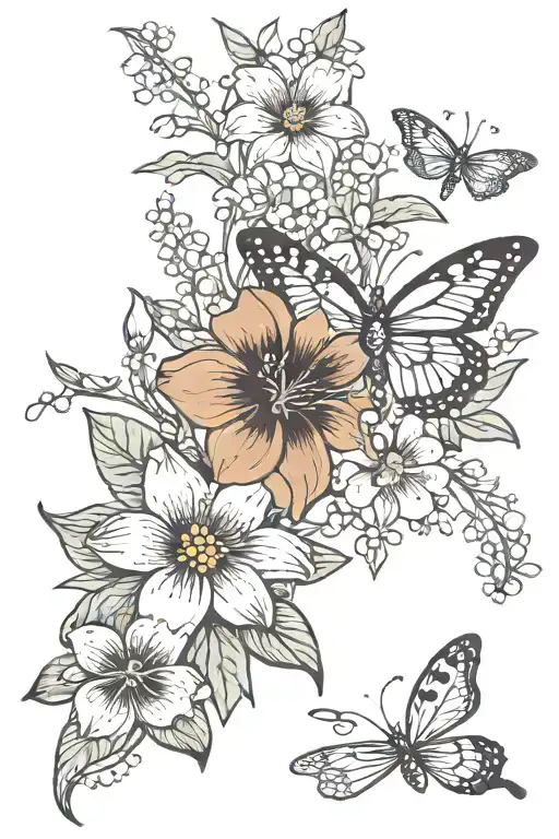lilies, sunflowers, butterflies, lily of the valley, pansies, dragonfly  tattoo design idea