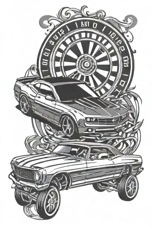 A sleek black and grey tattoo of a Camaro speeding down a roulette wheel, symbolizing the thrill of gambling and the love for cars tattoo design idea