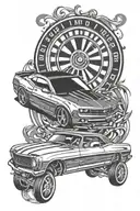 A sleek black and grey tattoo of a Camaro speeding down a roulette wheel, symbolizing the thrill of gambling and the love for cars tattoo design idea