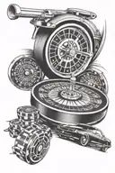 A sleek black and grey tattoo of a Camaro speeding down a roulette wheel, symbolizing the thrill of gambling and the love for cars tattoo design idea