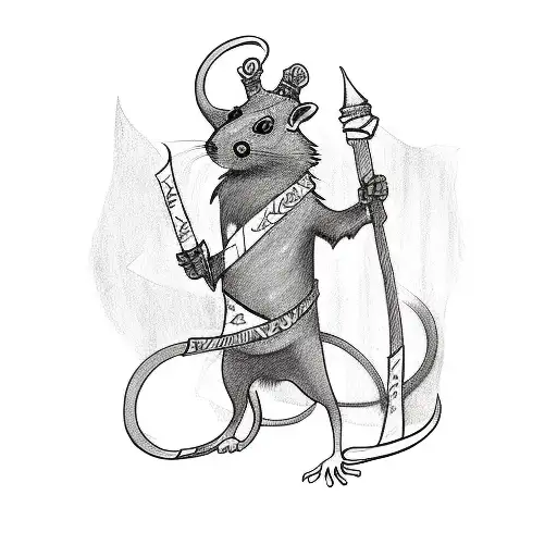 A sketch-style tattoo of a rat king holding a banner with Alex's name tattoo design idea