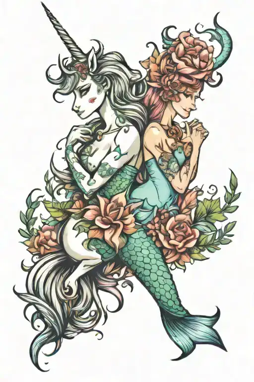 unicorn and mermaid tattoo design idea