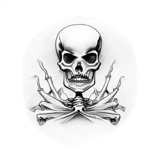 An old school tattoo of a goth pinup girl sitting on a skeleton's face. The skeleton has a thumbs up sign saying "I'm fi tattoo design idea