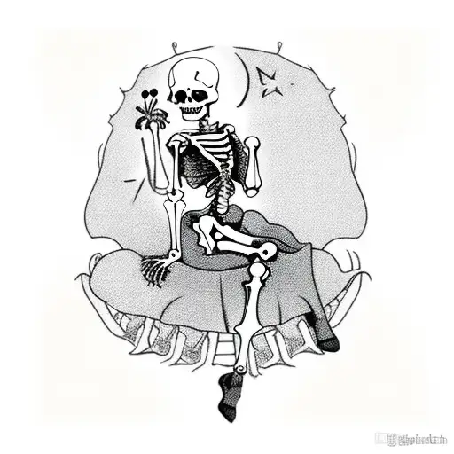 a goth pinup girl sitting on a skeleton's face. The skeleton has a thumbs up sign saying "I'm fi tattoo design idea