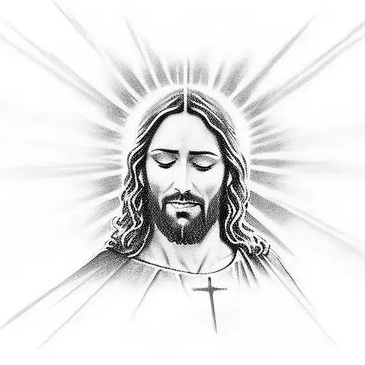 Jesus nailed on a cross with a cloud like background and heaven gates behind him for your chest tattoo design idea