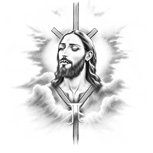 Jesus on a cross with a cloud like background and heaven gates behind him for your chest tattoo design idea