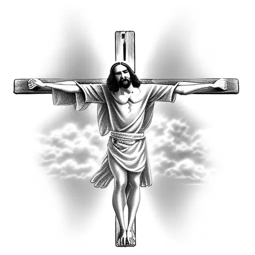 Jesus nailed on a cross with a cloud like background and heaven gates behind him for your chest tattoo design idea