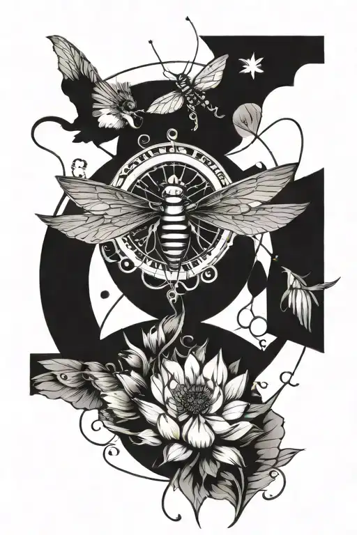 line with phoenix in front of the feminist circle, dragonfly on a lotus, butterfly with a compass, bumblebee with a hear tattoo design idea