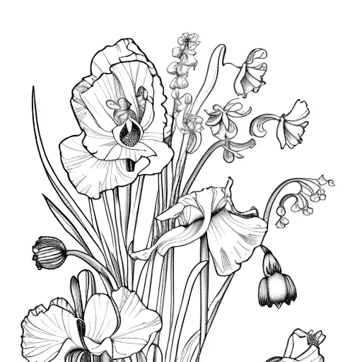 poppy, gladiolus, violet, chrysanthemum, narcissus, snowdrop boquet  tattoo design idea