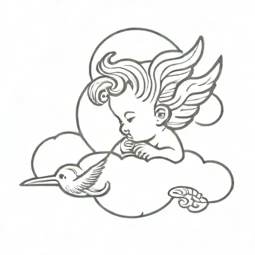black fine line tattoo of a baby cherub on a cloud with a hummingbird flying above her  head  tattoo design idea