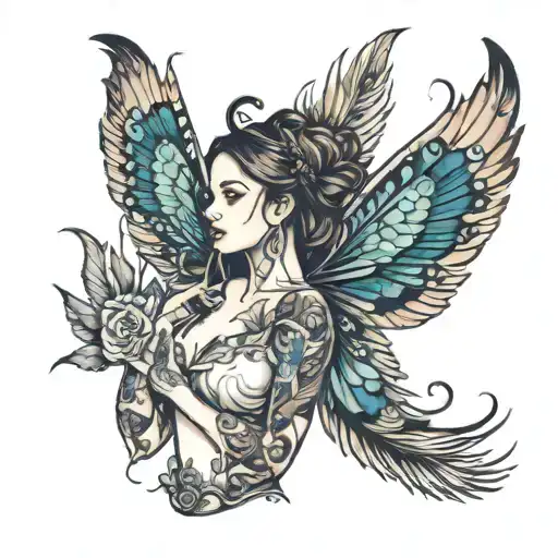 butterflie wings half peacock feather with girl in mibble  tattoo design idea