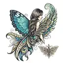 butterflie wings half peacock feather with girl in mibble  tattoo design idea