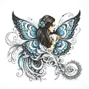 butterflie wings half peacock feather with girl in mibble  tattoo design idea