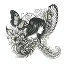 butterflie wings half peacock feather with girl in mibble  tattoo design idea