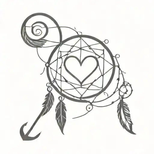 a simple design that incorporates a solid black heart, a dream catcher, an anchor, and a musical note   tattoo design idea