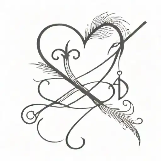 a line drawing that incorporates a black heart, an anchor, a feather, and a musical note  tattoo design idea