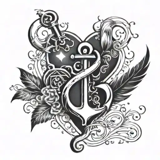 a simple design that incorporates a solid black heart, a feather, an anchor, and a musical note   tattoo design idea