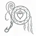 a simple design that incorporates a solid black heart, a dream catcher, an anchor, and a musical note   tattoo design idea