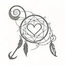 a simple design that incorporates a solid black heart, a dream catcher, an anchor, and a musical note   tattoo design idea