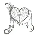 a simple design that incorporates a solid black heart, a dream catcher, an anchor, and a musical note   tattoo design idea