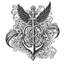 a simple design that incorporates a solid black heart, a feather, an anchor, and a musical note   tattoo design idea